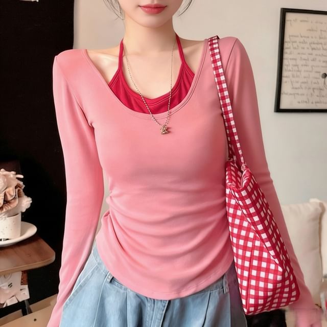 Two Tone Padded Crop Top with Halter Neck
