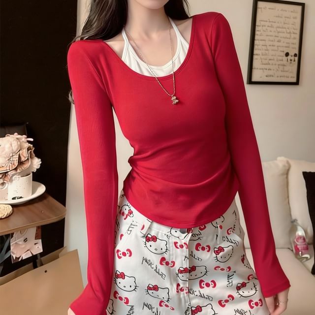 Two Tone Padded Crop Top with Halter Neck