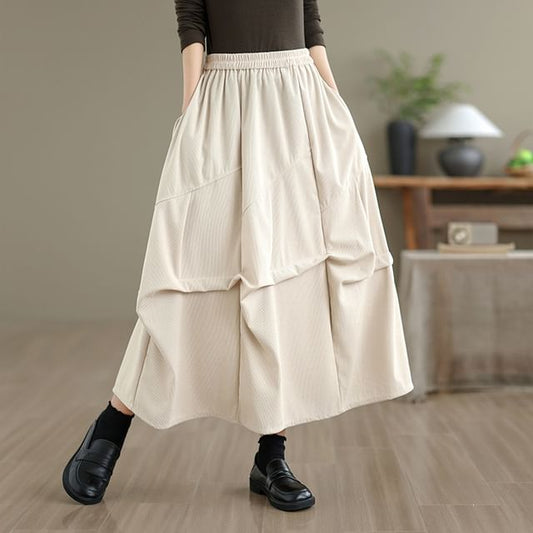 Elastic Waist Plain Ruched Corduroy Midi A-Line Skirt
