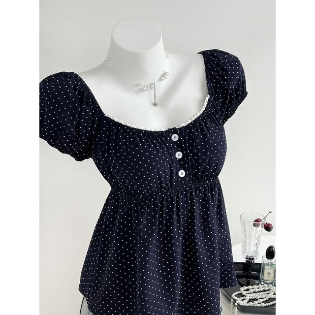 Dotted A-Line Blouse with Lace Trim
