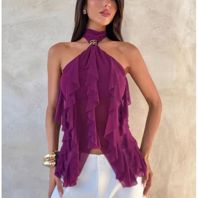 Ruffled Slim Tank with Halter Neck