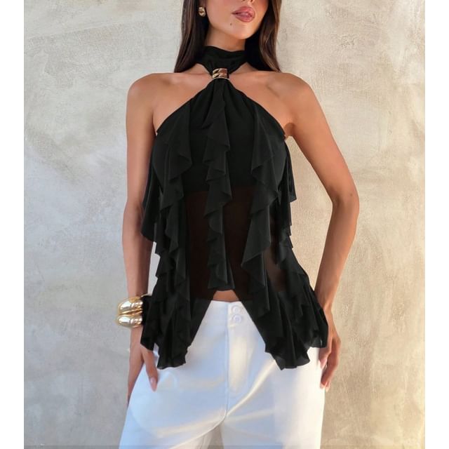 Ruffled Slim Tank with Halter Neck