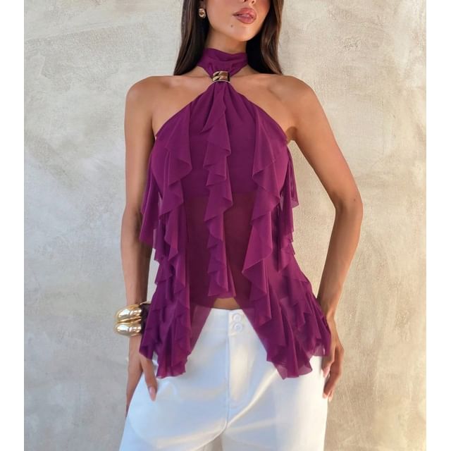 Ruffled Slim Tank with Halter Neck