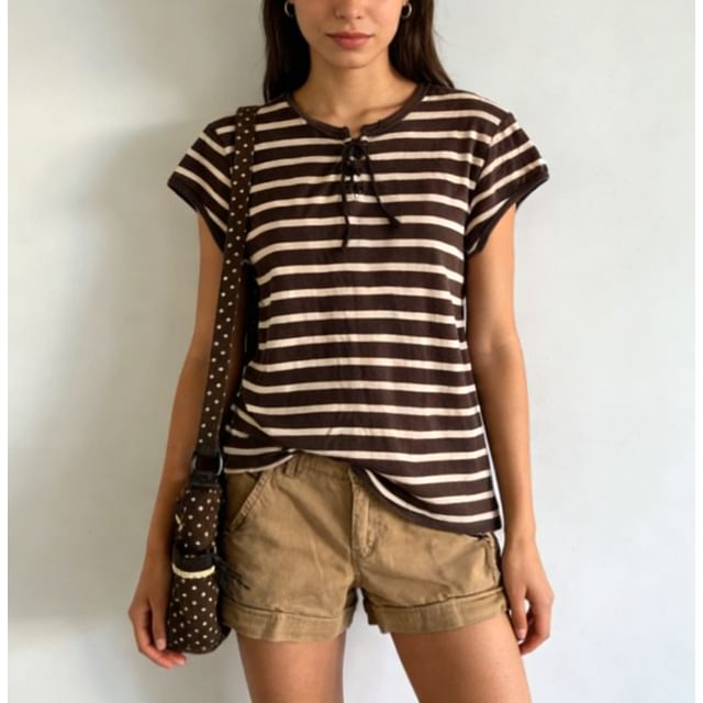 Striped Slim Fit Lace-Up Tee