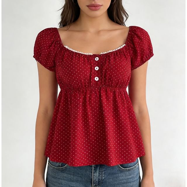 Dotted A-Line Blouse with Lace Trim