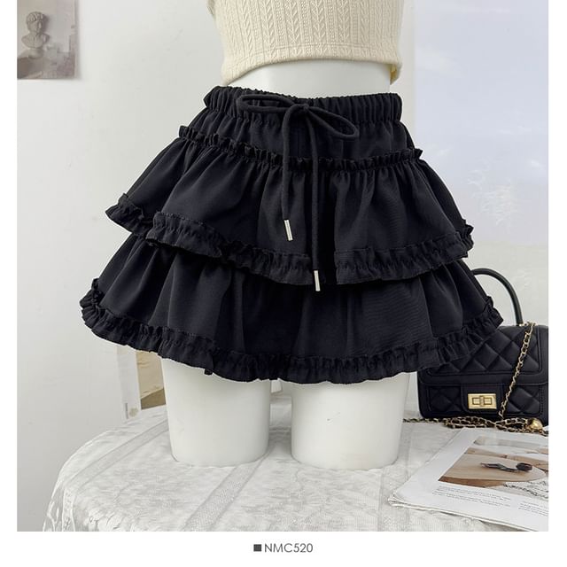 Drawstring Waist Plain Ruffle Mini A-Line Skirt