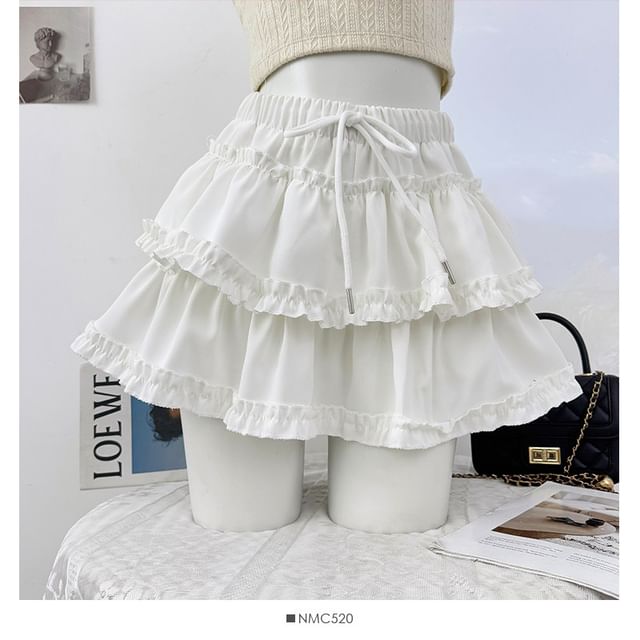 Drawstring Waist Plain Ruffle Mini A-Line Skirt