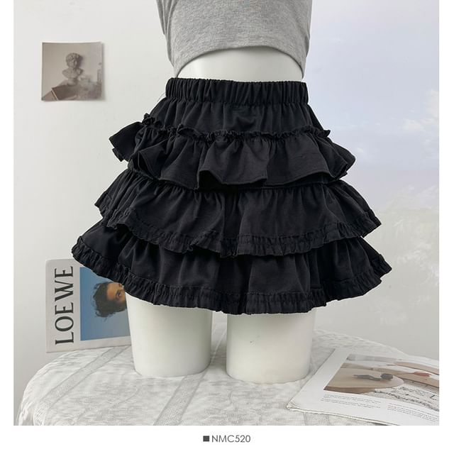 High Waist Plain Ruffle Mini A-Line Skirt
