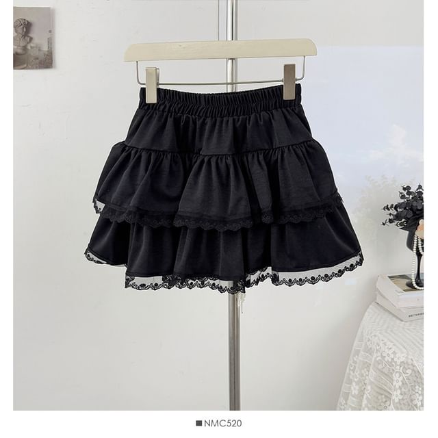 Elastic Waist Plain Lace Trim Tiered Mini A-Line Skirt