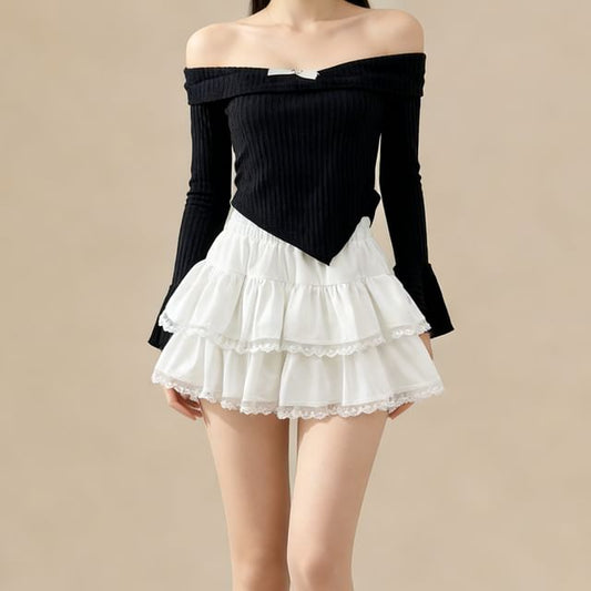 Elastic Waist Plain Lace Trim Tiered Mini A-Line Skirt