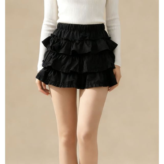 High Waist Plain Ruffle Mini A-Line Skirt
