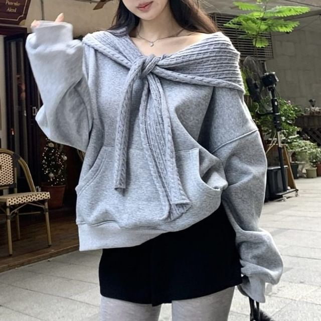 Cable Knit Hoodie with Tie Neck Panel