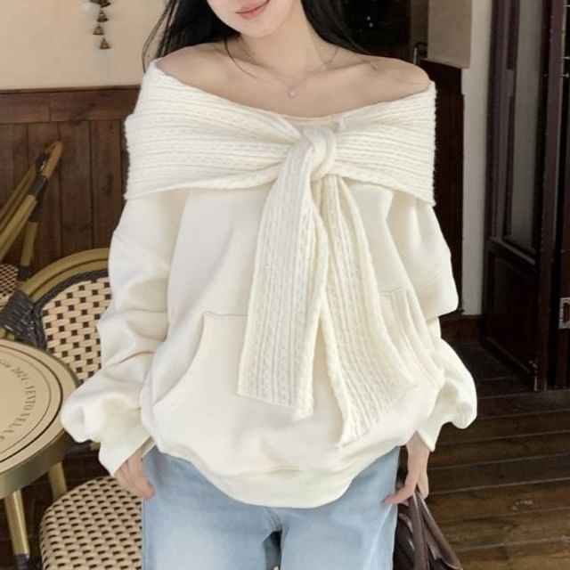 Cable Knit Hoodie with Tie Neck Panel