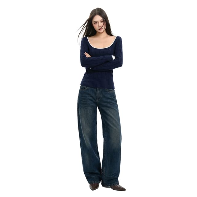 Scoop Neck Crop Knit with Contrast Trim