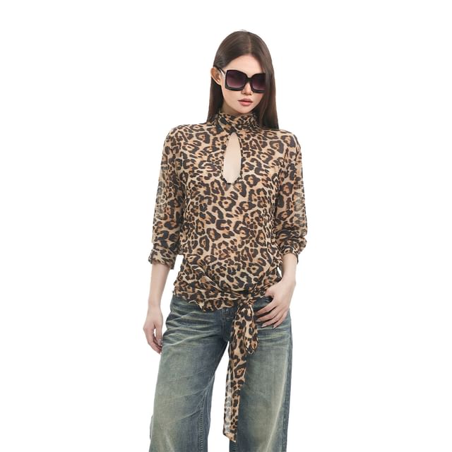 Leopard Print Cutout Long-Sleeve Top