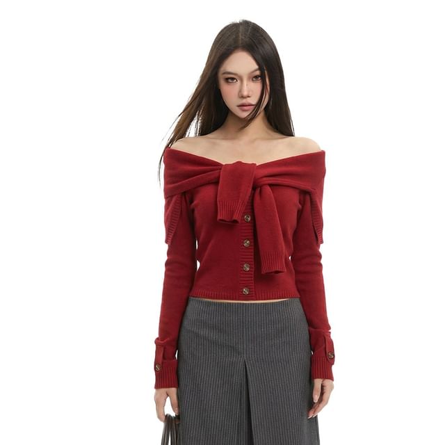 Off-Shoulder Button-Up Crop Knit