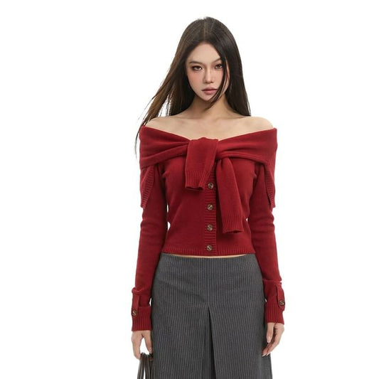 Off-Shoulder Button-Up Crop Knit