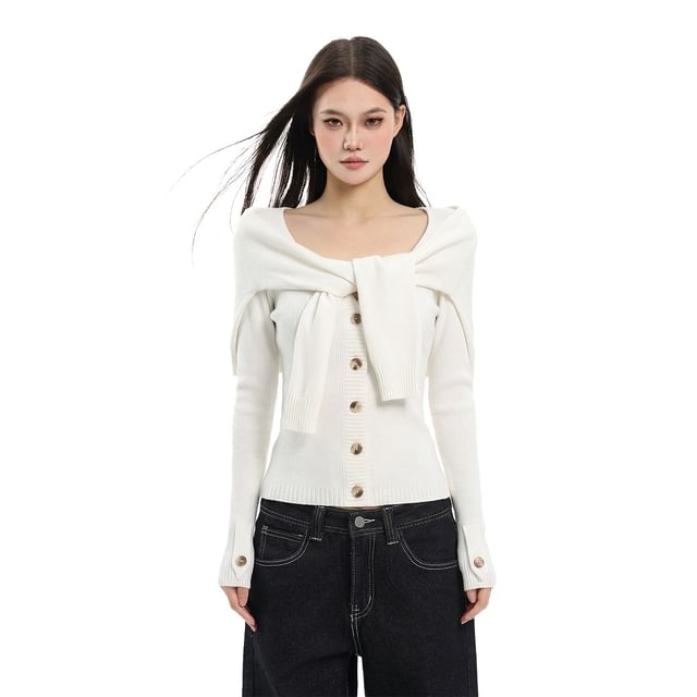 Off-Shoulder Button-Up Crop Knit