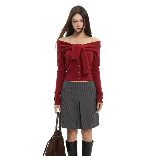 Off-Shoulder Button-Up Crop Knit