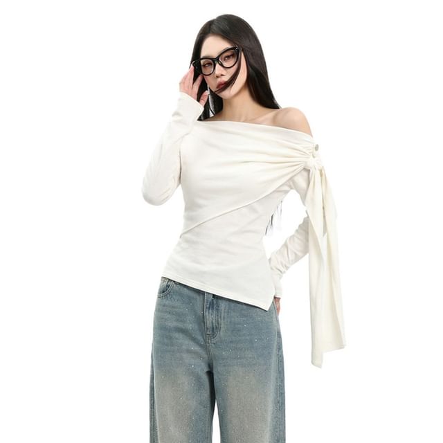 Asymmetrical Boatneck Long-Sleeve Top