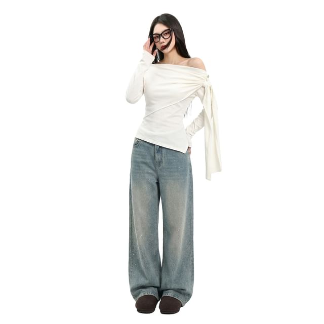 Asymmetrical Boatneck Long-Sleeve Top