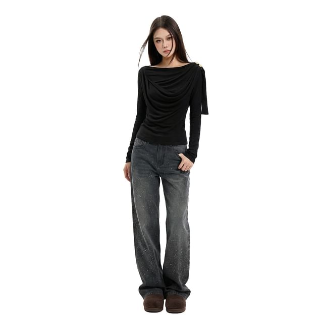 Asymmetrical Boatneck Long-Sleeve Top