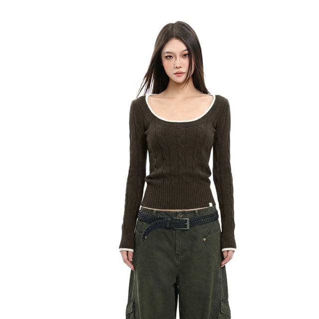 Scoop Neck Crop Knit with Contrast Trim