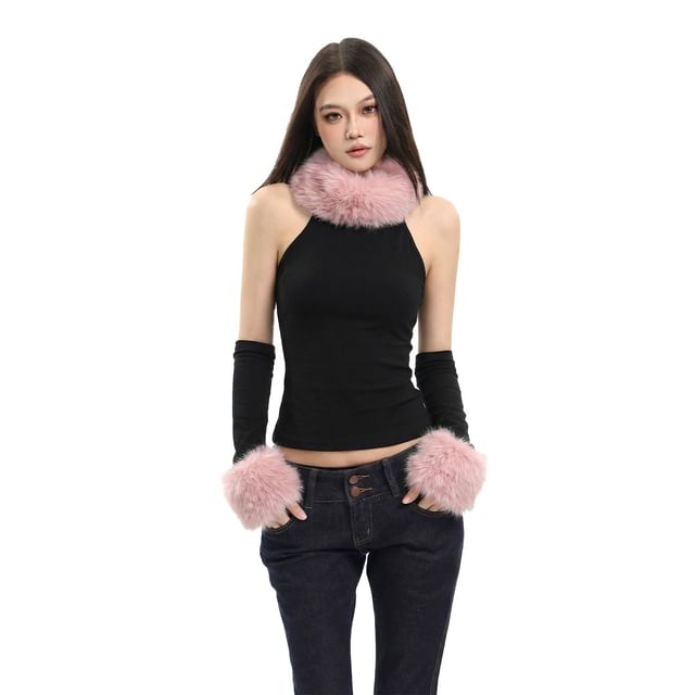 Set: Faux Fur Trim Tank + Arm Sleeves