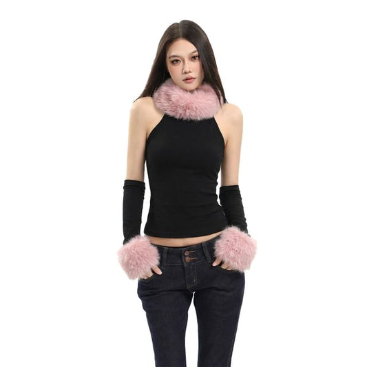 Set: Faux Fur Trim Tank + Arm Sleeves