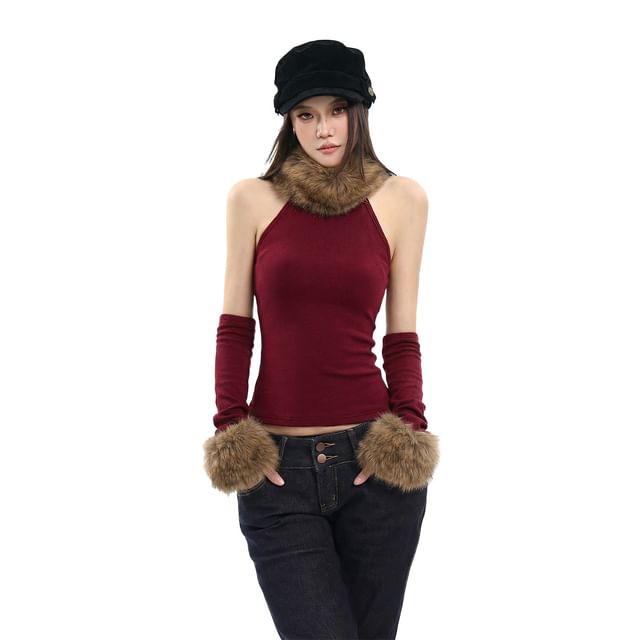 Set: Faux Fur Trim Tank + Arm Sleeves