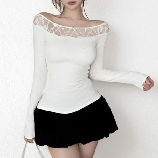 Long-Sleeve Off-Shoulder Lace Panel Slim Fit Top / High Waist Plain Bubble Hem Mini A-Line Skirt / Set