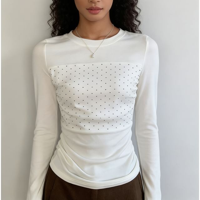 Polka Dot Paneled Slim Tee with Crew Neck