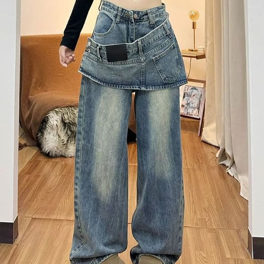 Low Rise Asymmetrical Skirt Overlay Wide Leg Jeans (Various Designs)