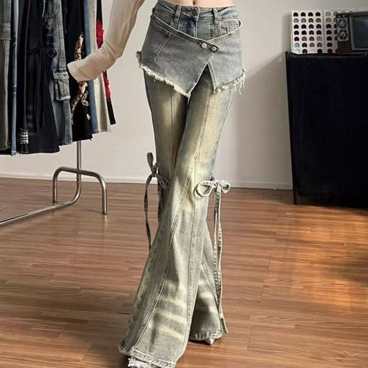 Mid Rise Frayed Skirt Overlay Bell Bottom Jeans