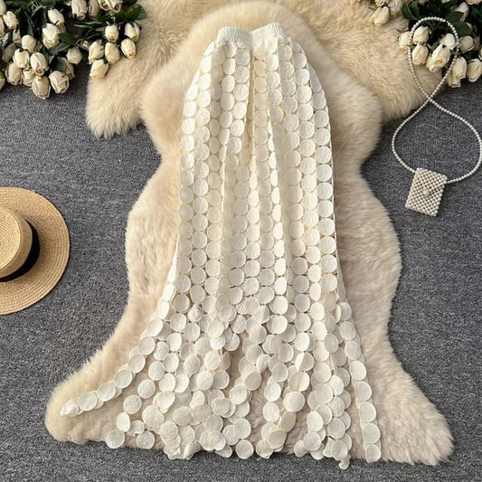 Elastic Waist Hollow Out Circle Fringe Maxi Skirt