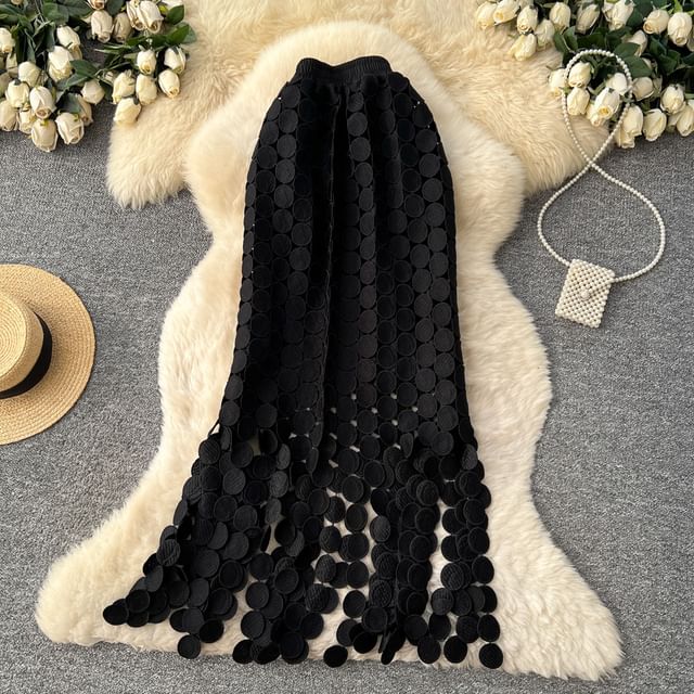 Elastic Waist Hollow Out Circle Fringe Maxi Skirt