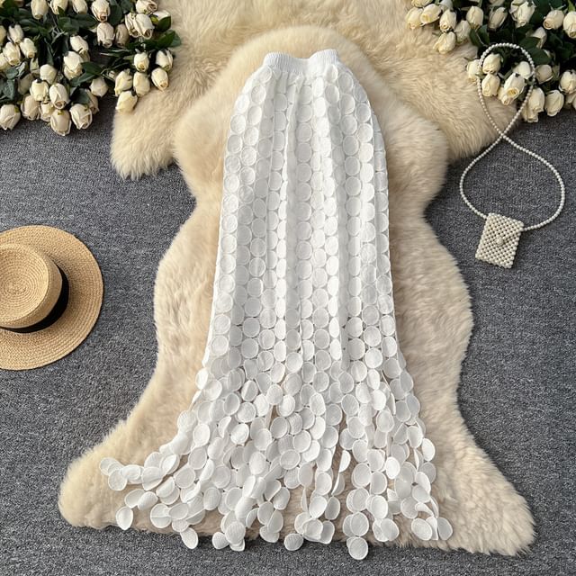 Elastic Waist Hollow Out Circle Fringe Maxi Skirt