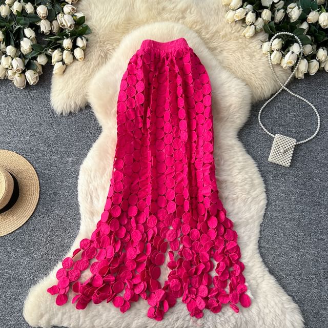 Elastic Waist Hollow Out Circle Fringe Maxi Skirt