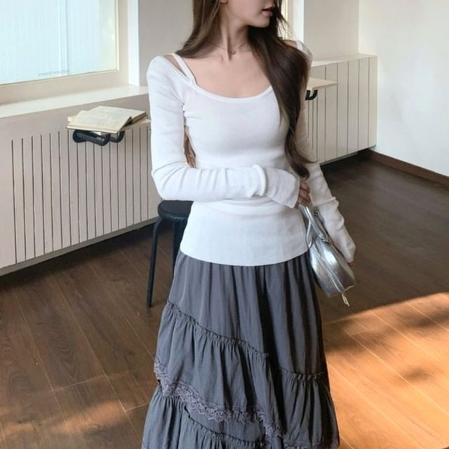 Lace Trim Midi A-Line Skirt with Cold-Shoulder Top