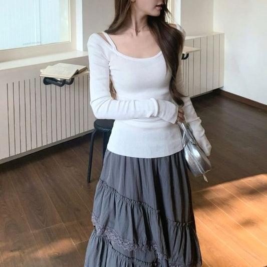Lace Trim Midi A-Line Skirt with Cold-Shoulder Top