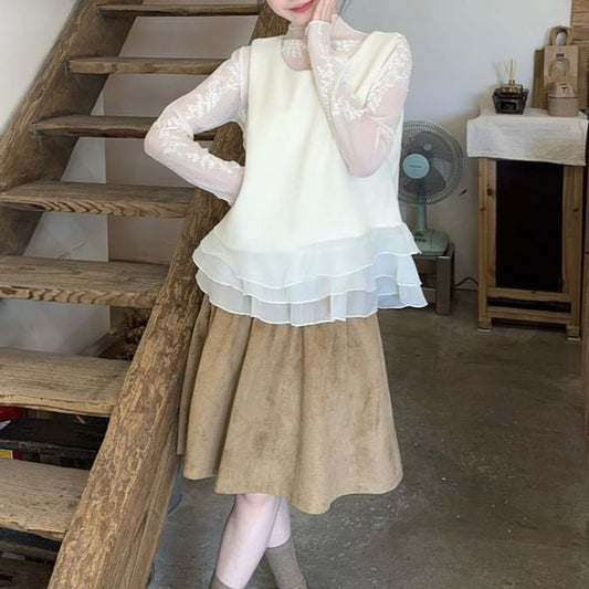 Lace Top and Faux Suede Midi Skirt Set with Ruffle Vest