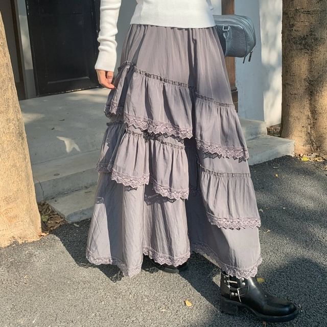 Lace Trim Midi A-Line Skirt with Cold-Shoulder Top