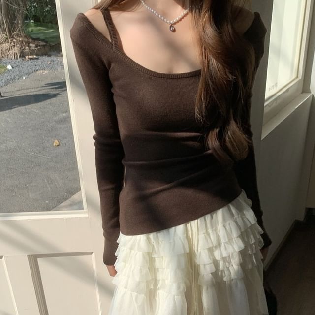 Cold-Shoulder T-Shirt and Ruffled Midi Skirt Set