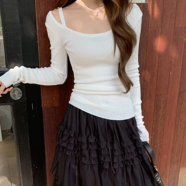 Cold-Shoulder T-Shirt and Ruffled Midi Skirt Set