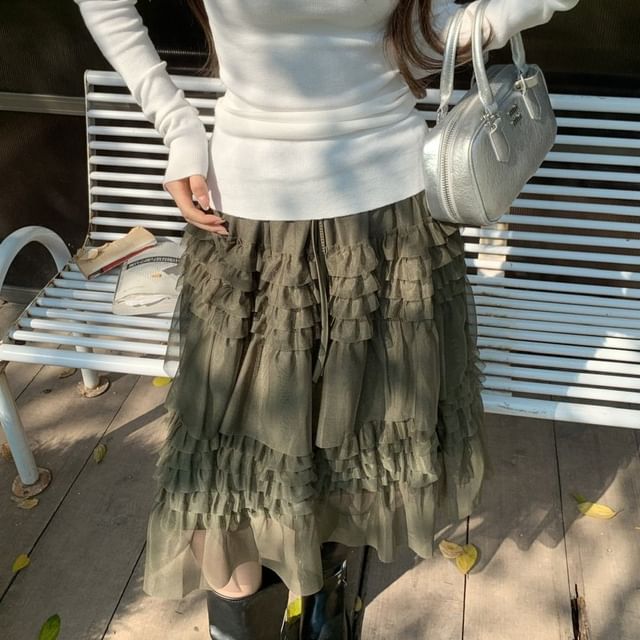 Cold-Shoulder T-Shirt and Ruffled Midi Skirt Set