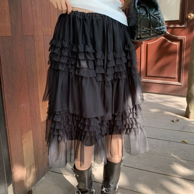 Cold-Shoulder T-Shirt and Ruffled Midi Skirt Set