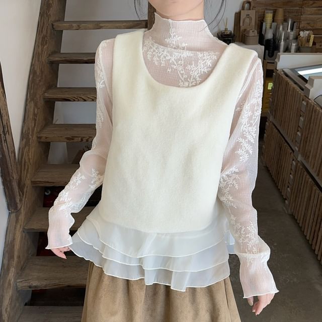 Lace Top and Faux Suede Midi Skirt Set with Ruffle Vest