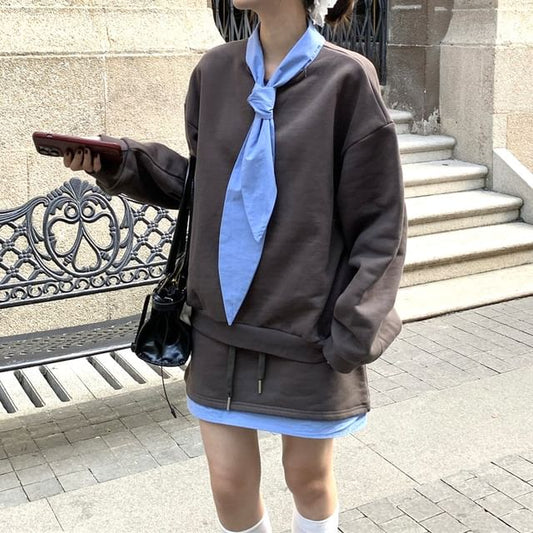 Two-Tone Tie-Neck Sweatshirt Set with Mid Rise Mini A-Line Skirt