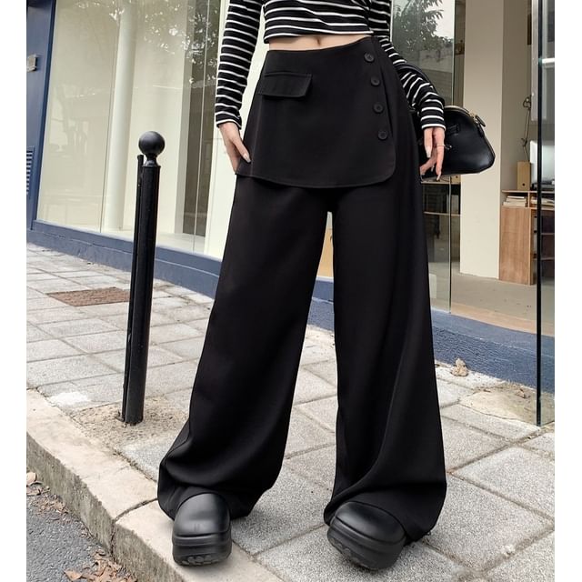 Button Detail Inset Skirt Wide Leg Pants - Mid Rise