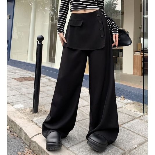 Button Detail Inset Skirt Wide Leg Pants - Mid Rise